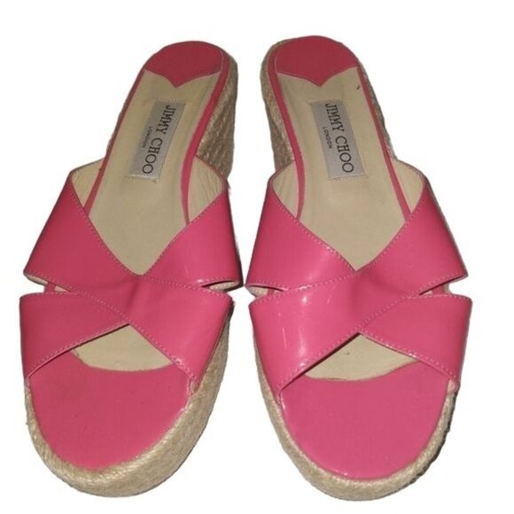 Jimmy Choo Pink Jute Wedge Platform Sandals - Picture 1 of 6